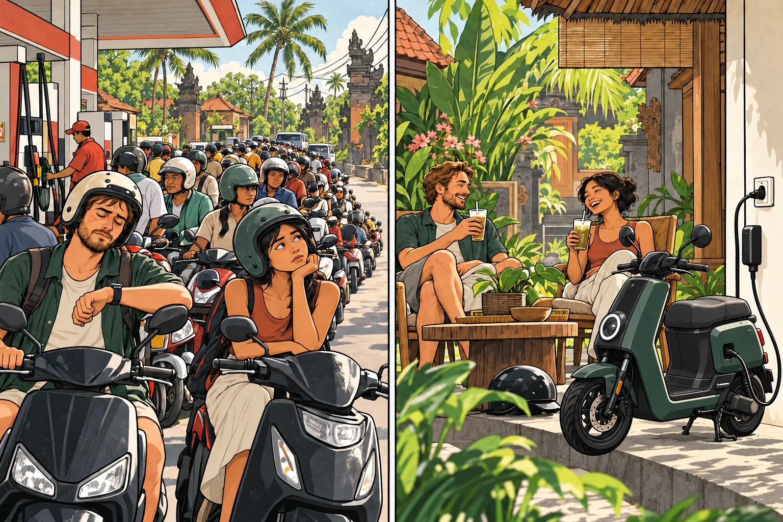 Comic: riders queue at a Bali petrol station, then relax with drinks while an electric scooter charges at a dry socket.